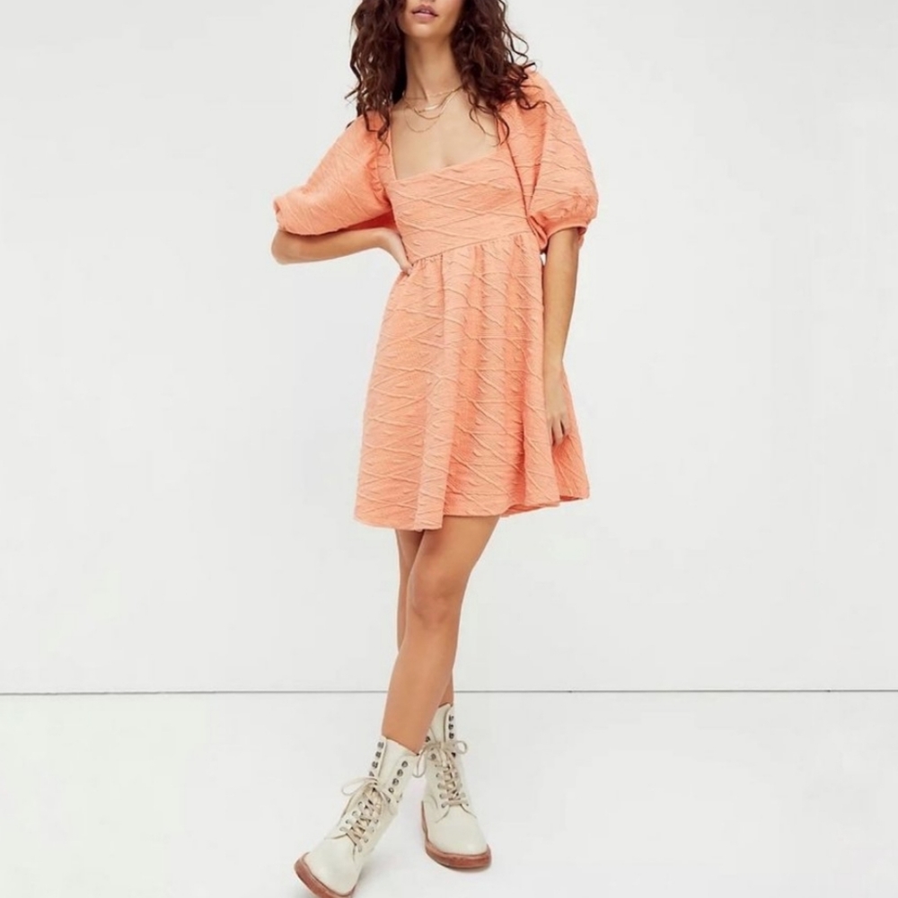 Free People Violet Mini Dress large orange grapefruit puff sleeves square neck